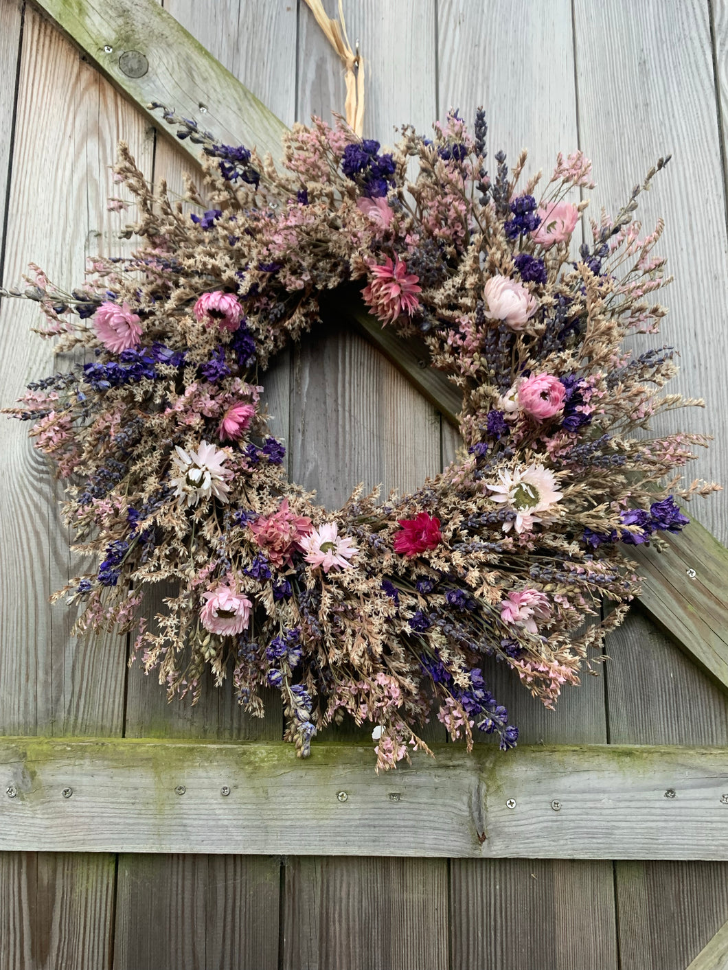 Dried white, pink and blue wreath